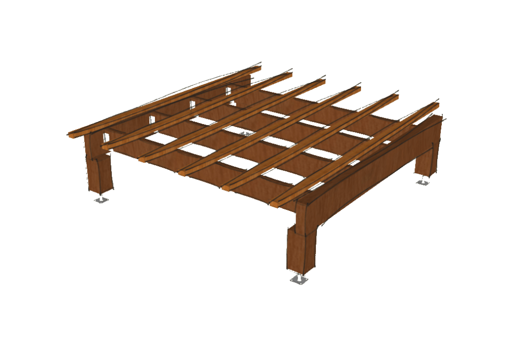 Image SketchUp 3d stylisée d'un châssis ossature bois sur pilotis.